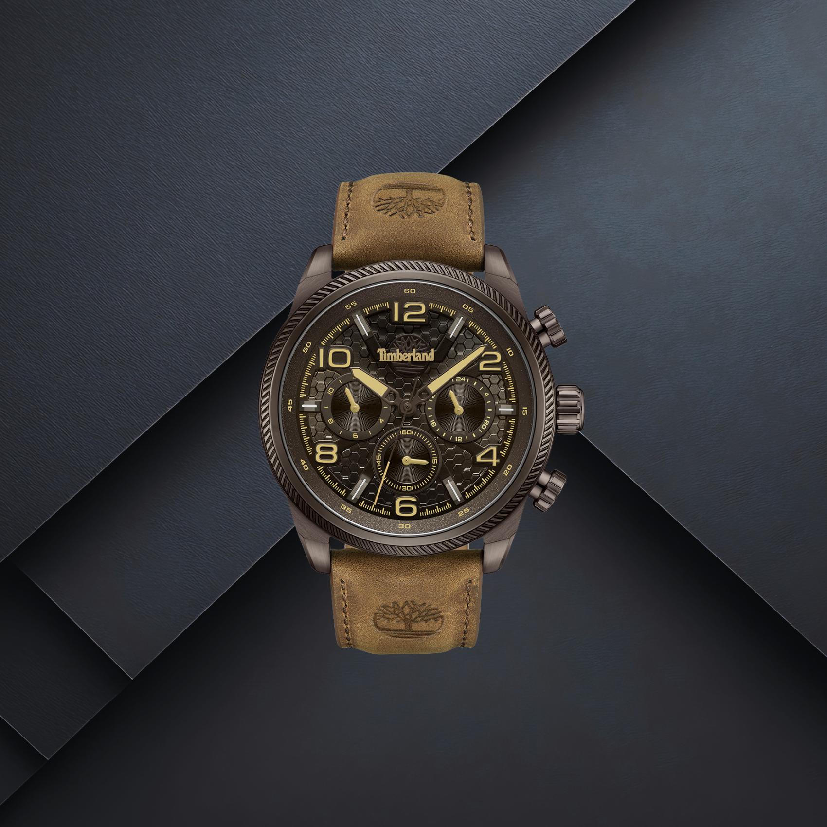 Ανδρικό ρολόι Timberland Henniker II TDWGF0028706M με καφέ λουράκι, καφέ καντράν 46mm, ένδειξη διπλής ώρας