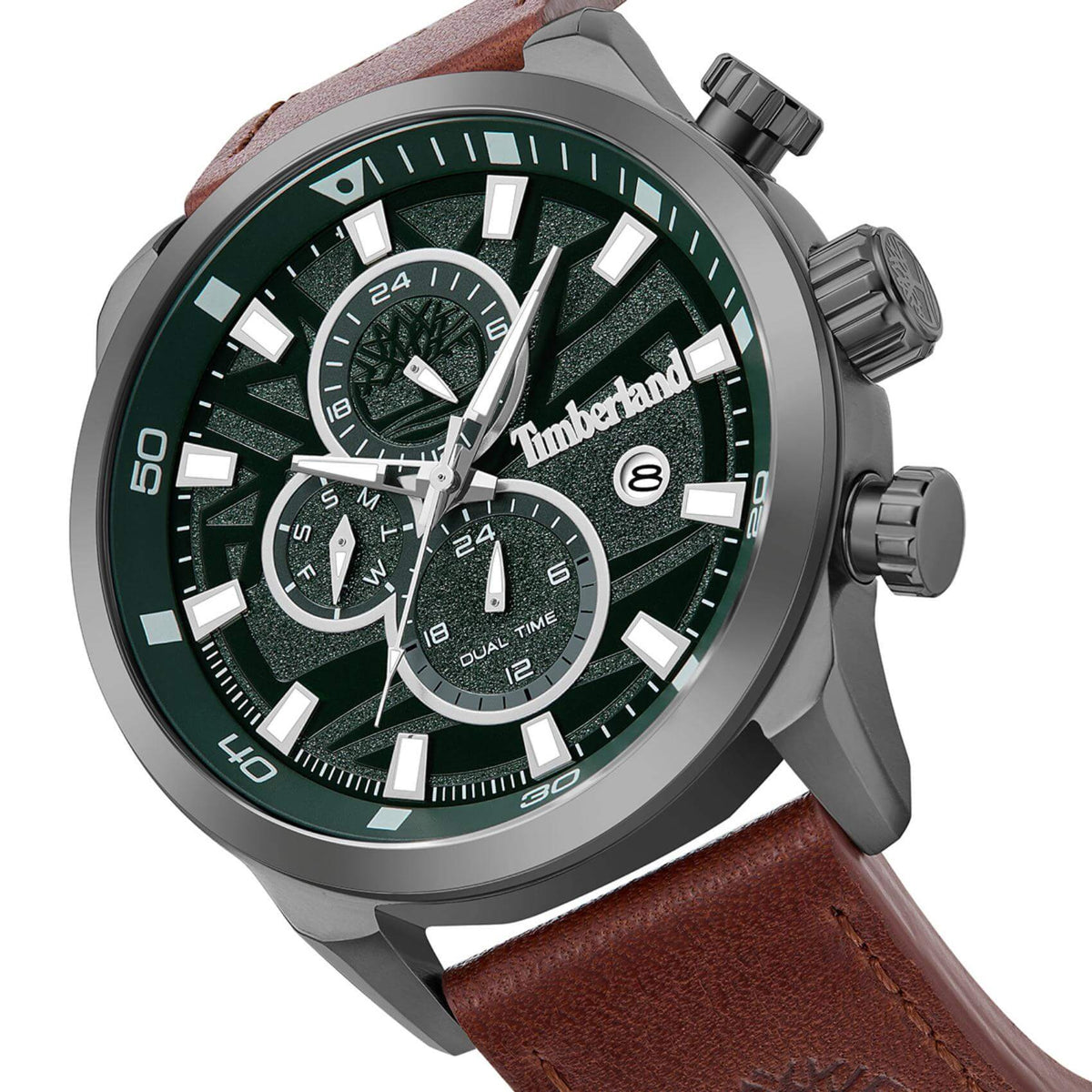 Πλάγια όψη του Timberland Henniker II TDWGF0055601 με καφέ δερμάτινο λουράκι και πράσινο καντράν.