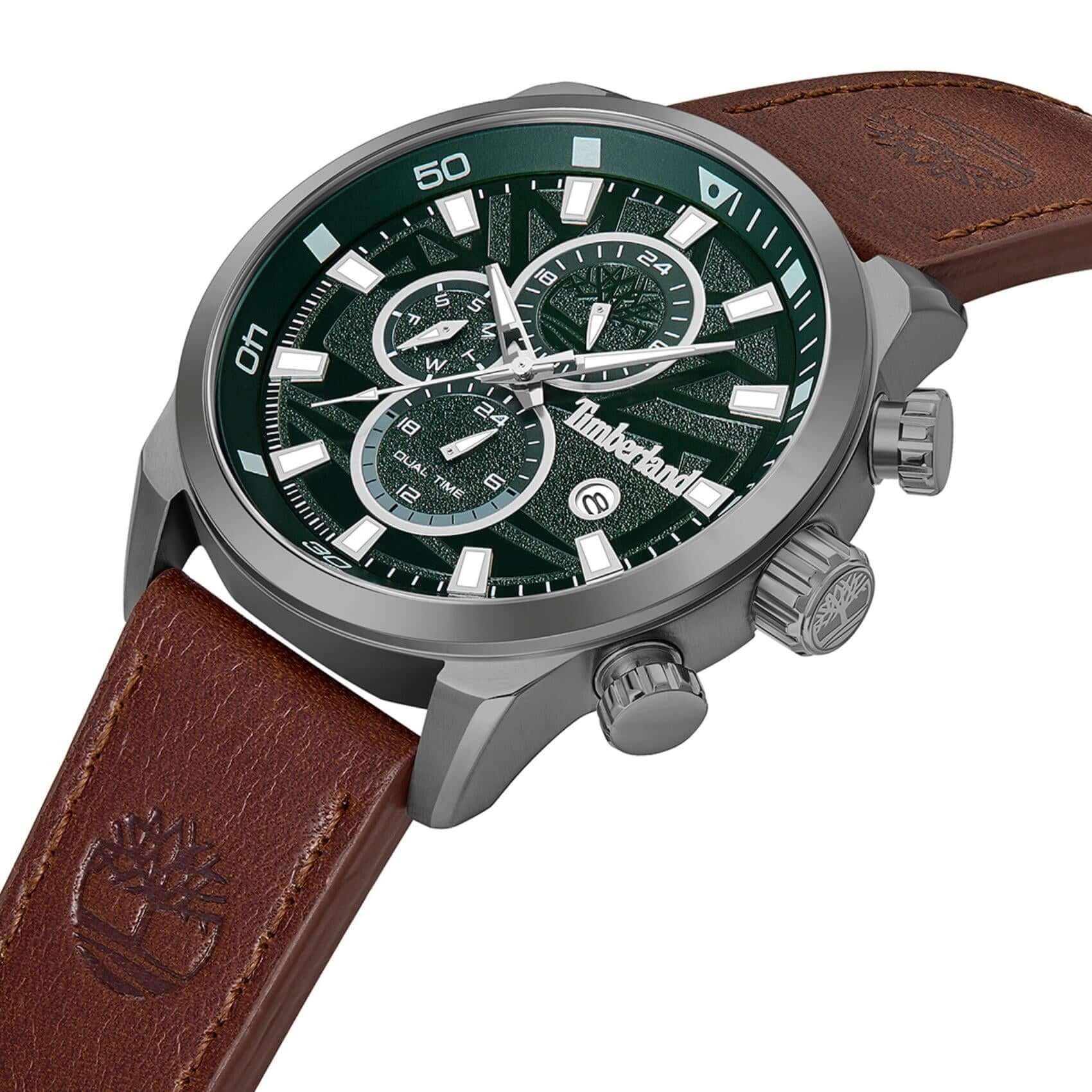 Πλάγια όψη του Timberland Henniker II TDWGF0055601 με καφέ δερμάτινο λουράκι και πράσινο καντράν.