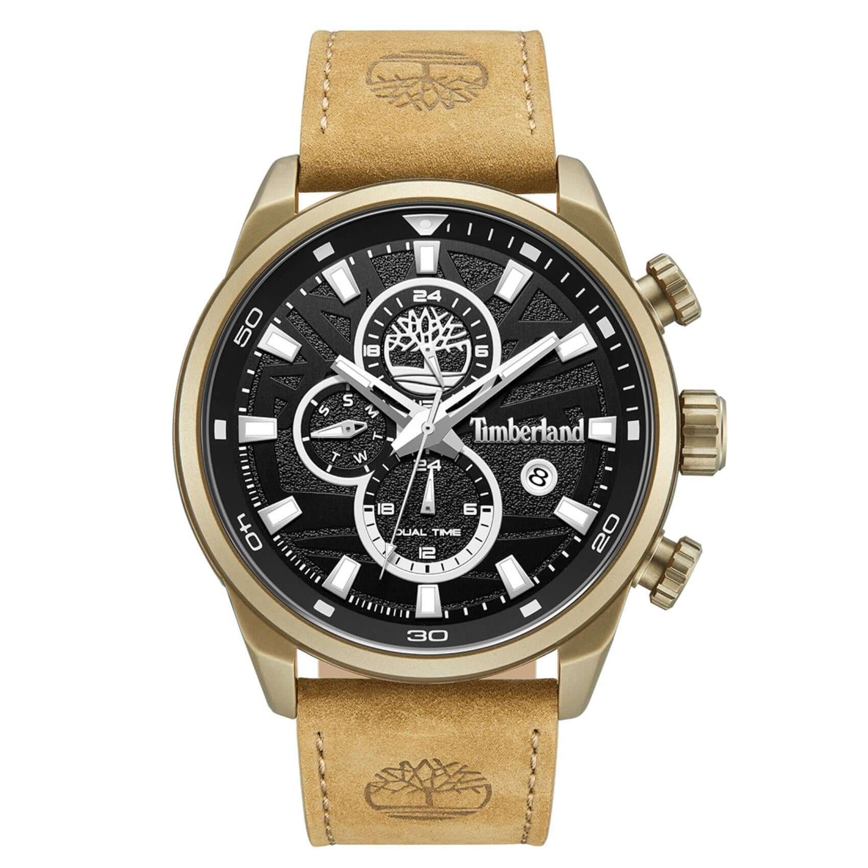 Ανδρικό ρολόι Timberland Henniker II TDWGF0056302 με ταμπά δερμάτινο λουράκι και μαύρο καντράν 46 mm