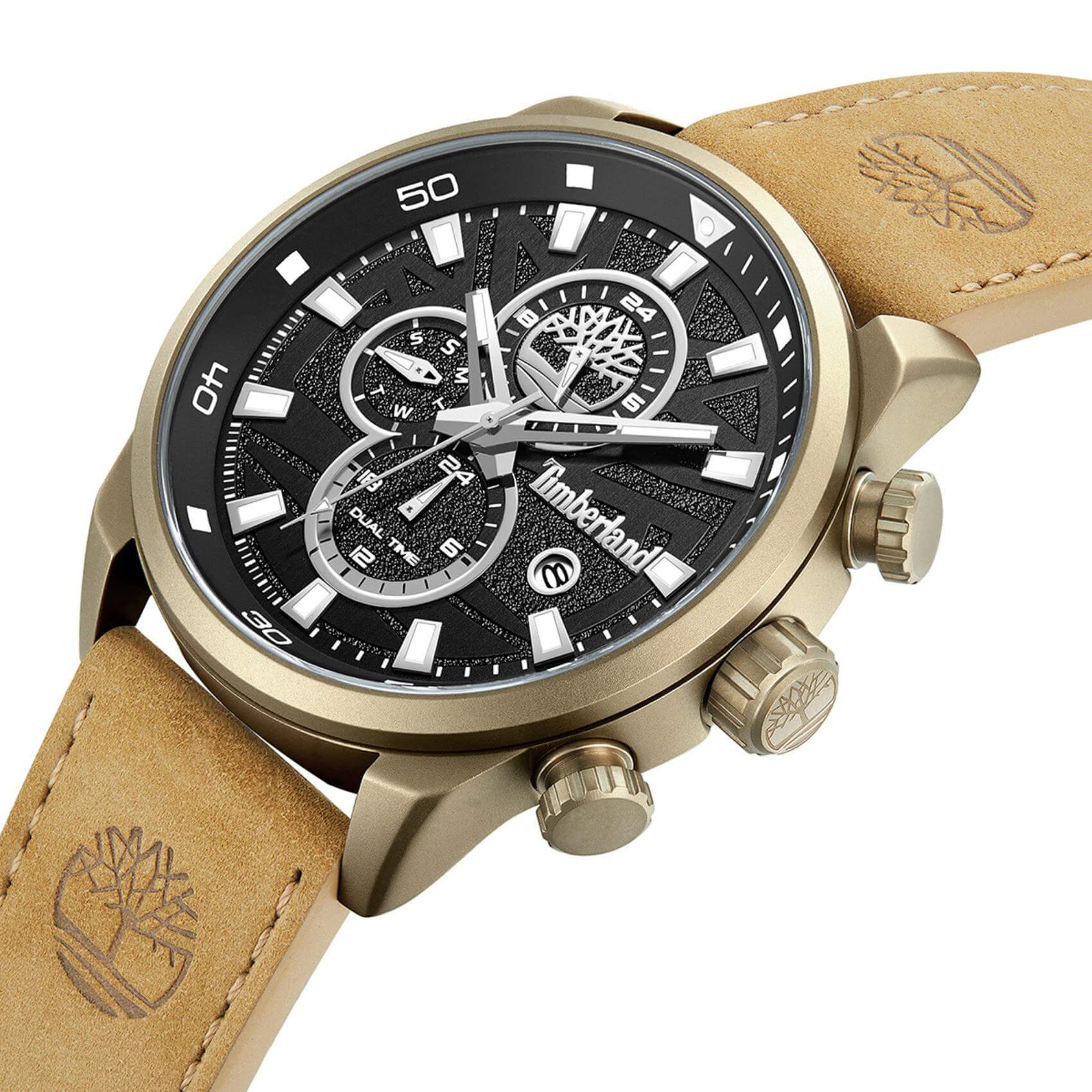 Πλάγια όψη του Timberland Henniker II TDWGF0056302 με ταμπά δερμάτινο λουράκι και μαύρο καντράν.