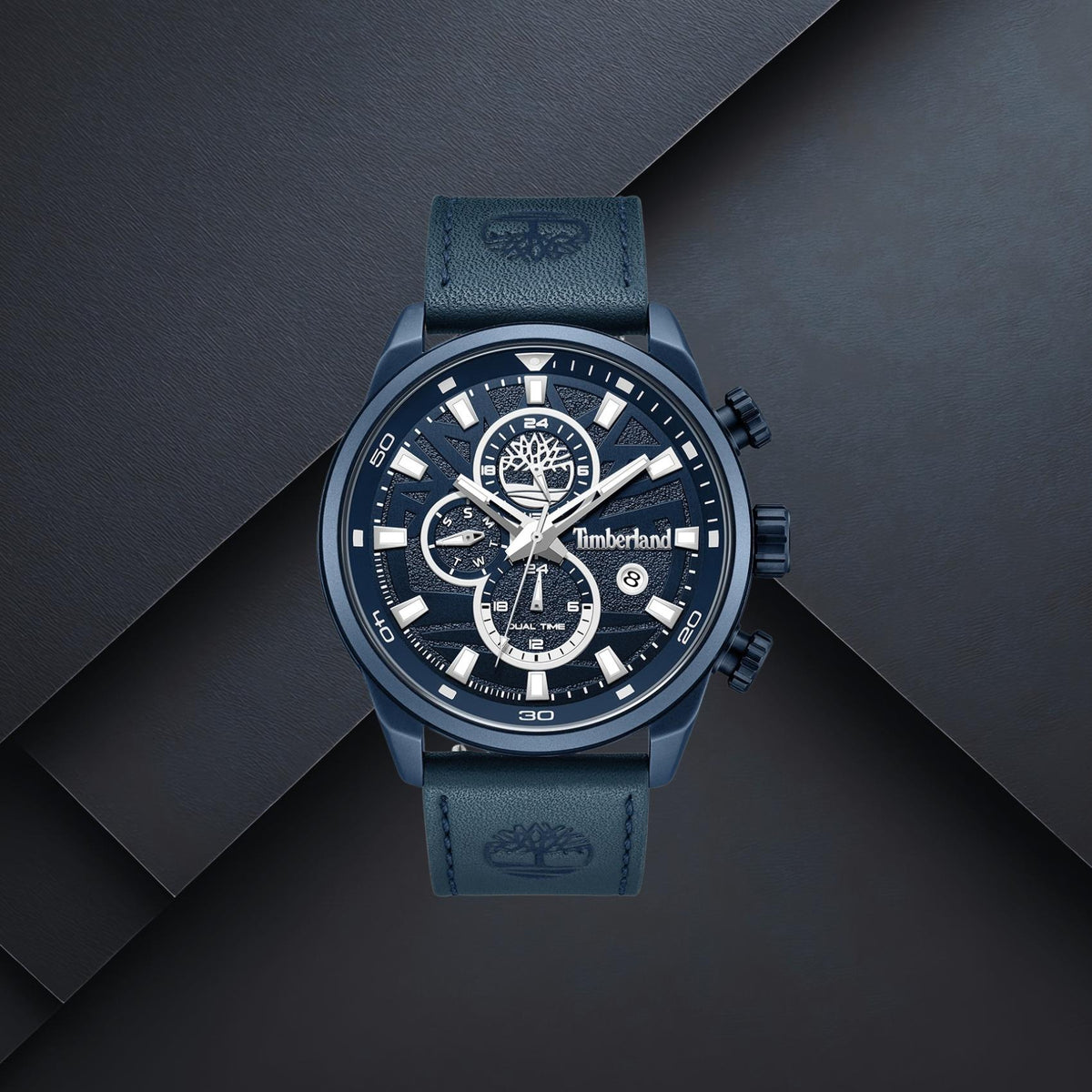 Ανδρικό ρολόι Timberland Henniker II TDWGF0056303 με μπλε δερμάτινο λουράκι, μπλε καντράν 46mm, ημερομηνία, ημέρα και διπλή ώρα