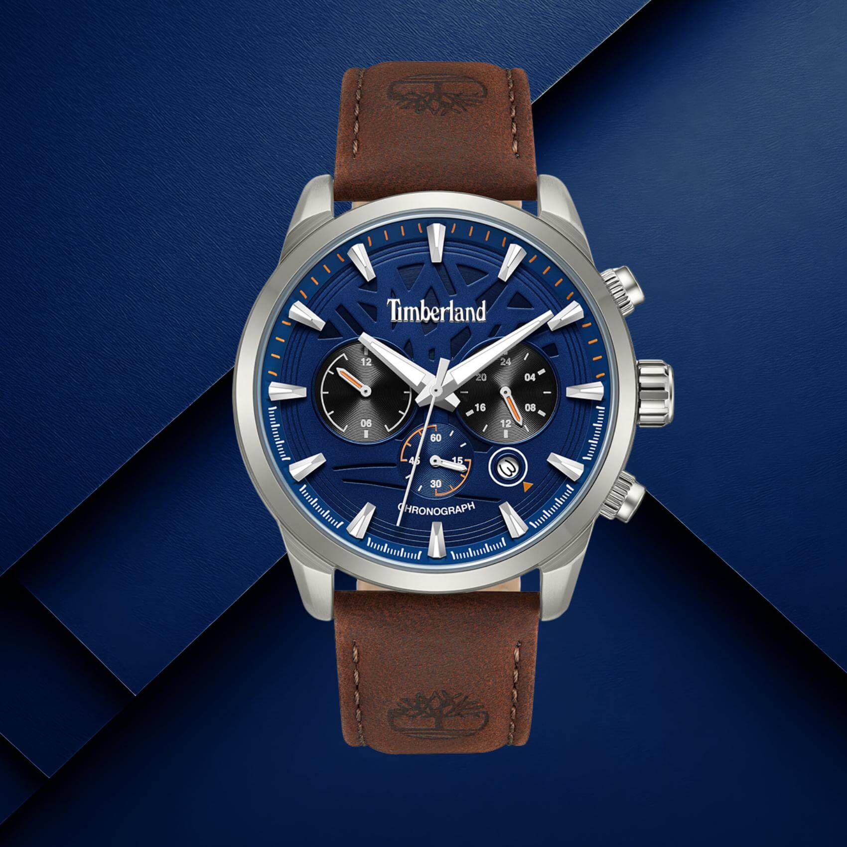 Ανδρικό ρολόι Timberland Henniker II TDWGF0095001 Dual Time με μπλε καντράν 46mm και καφέ δερμάτινο λουράκι.