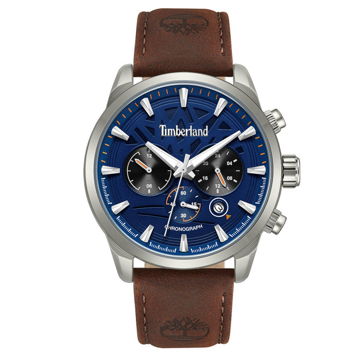 Ανδρικό ρολόι Timberland Henniker II TDWGF0095001 Dual Time με καφέ δερμάτινο λουράκι και μπλε καντράν 46mm με ένδειξη ημέρας ημερομηνίας.