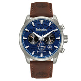 Ανδρικό ρολόι Timberland Henniker II TDWGF0095001 Dual Time με καφέ δερμάτινο λουράκι και μπλε καντράν 46mm με ένδειξη ημέρας ημερομηνίας.