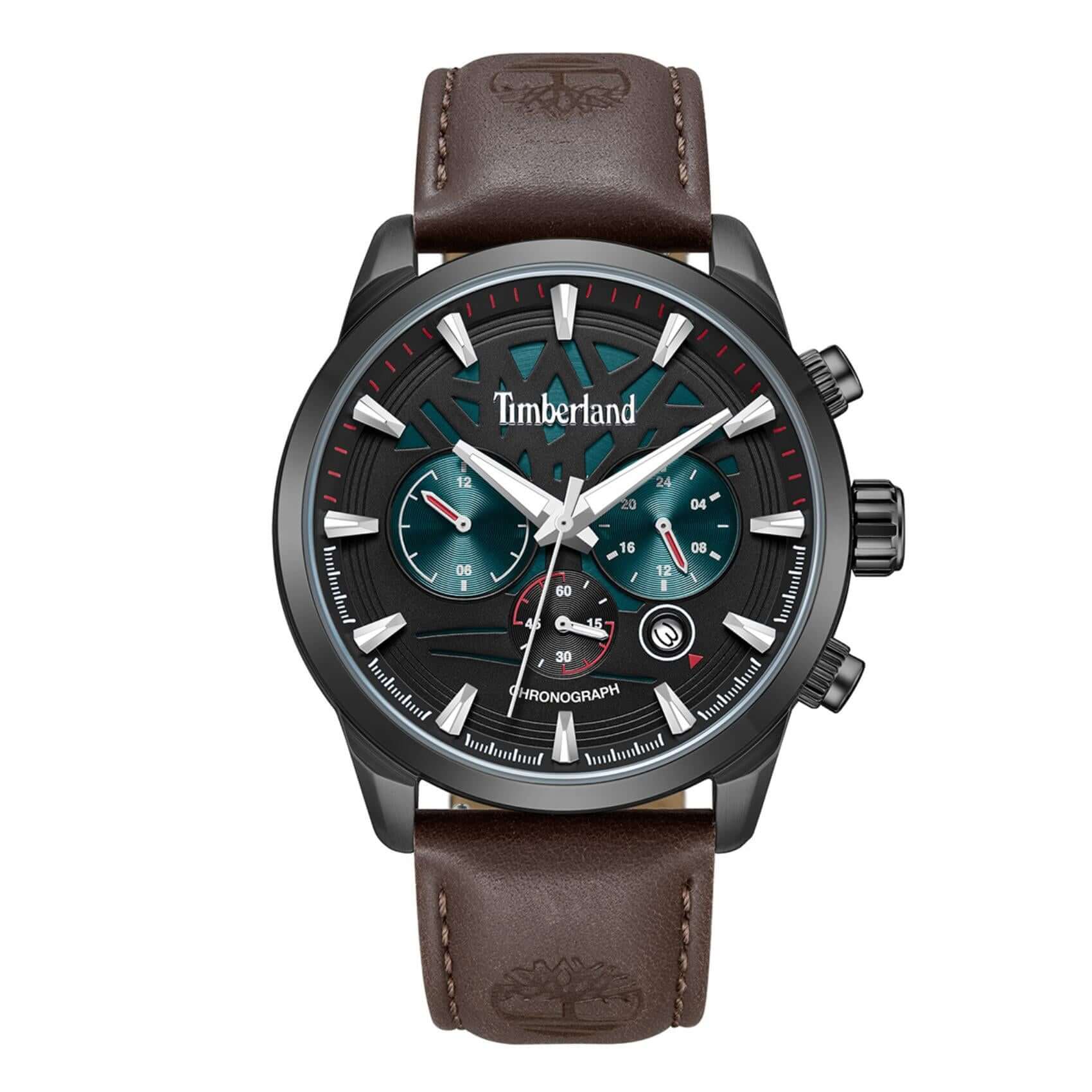 Ανδρικό ρολόι Timberland Henniker II TDWGF0095002 χρονογράφος με καφέ δερμάτινο λουράκι, μαύρο καντράν 44 mm, ένδειξη ημερομηνίας, διπλής ώρας και στεγανότητα 3ATM.