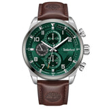 Ανδρικό ρολόι Timberland Henniker II TDWGF2201101M με καφέ δερμάτινο λουράκι, πράσινο καντράν 46 mm, ένδειξη διπλής ώρας και στεγανότητα 5ATM.