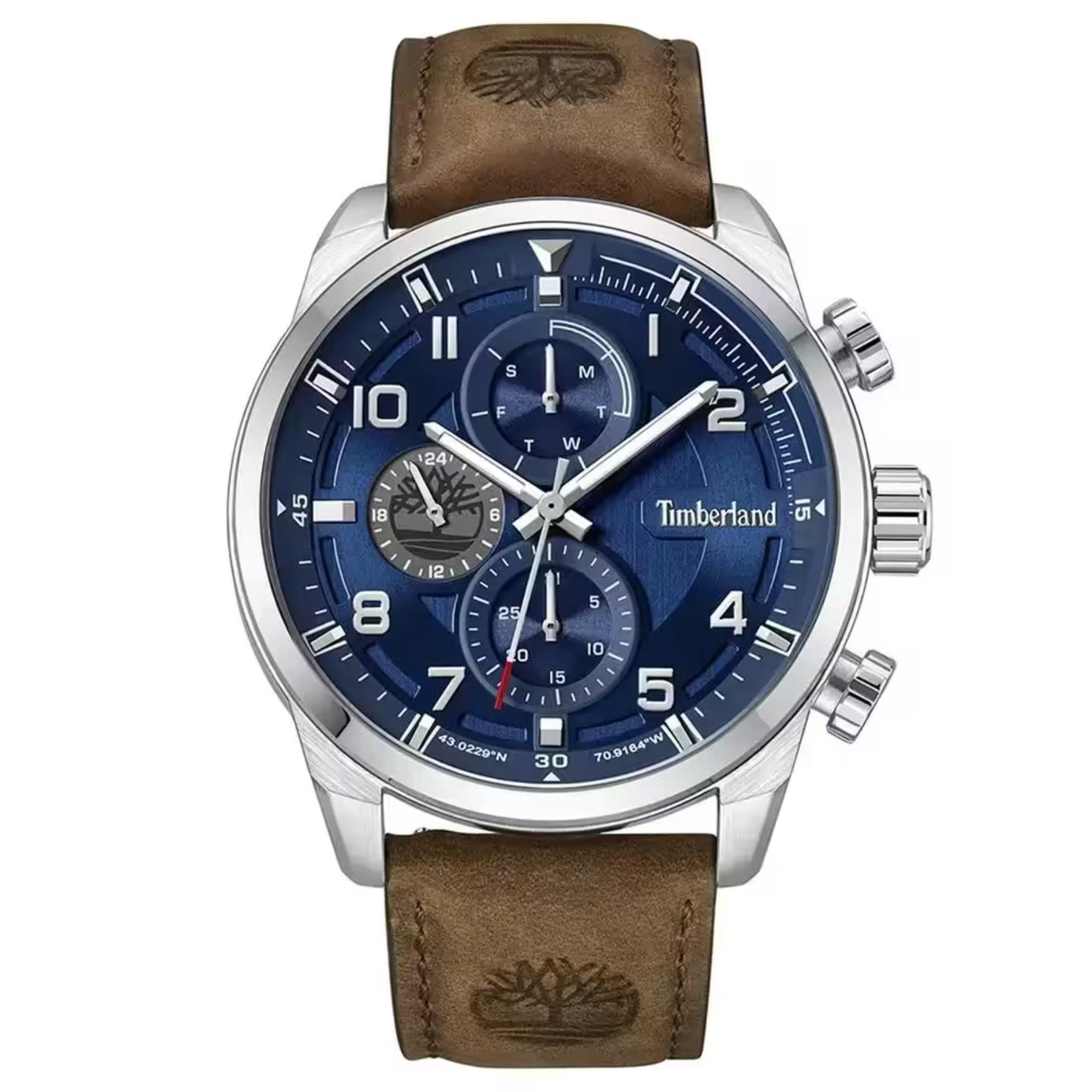 Ανδρικό ρολόι Timberland Henniker II TDWGF2201106M με καφέ δερμάτινο λουράκι και μπλε καντράν