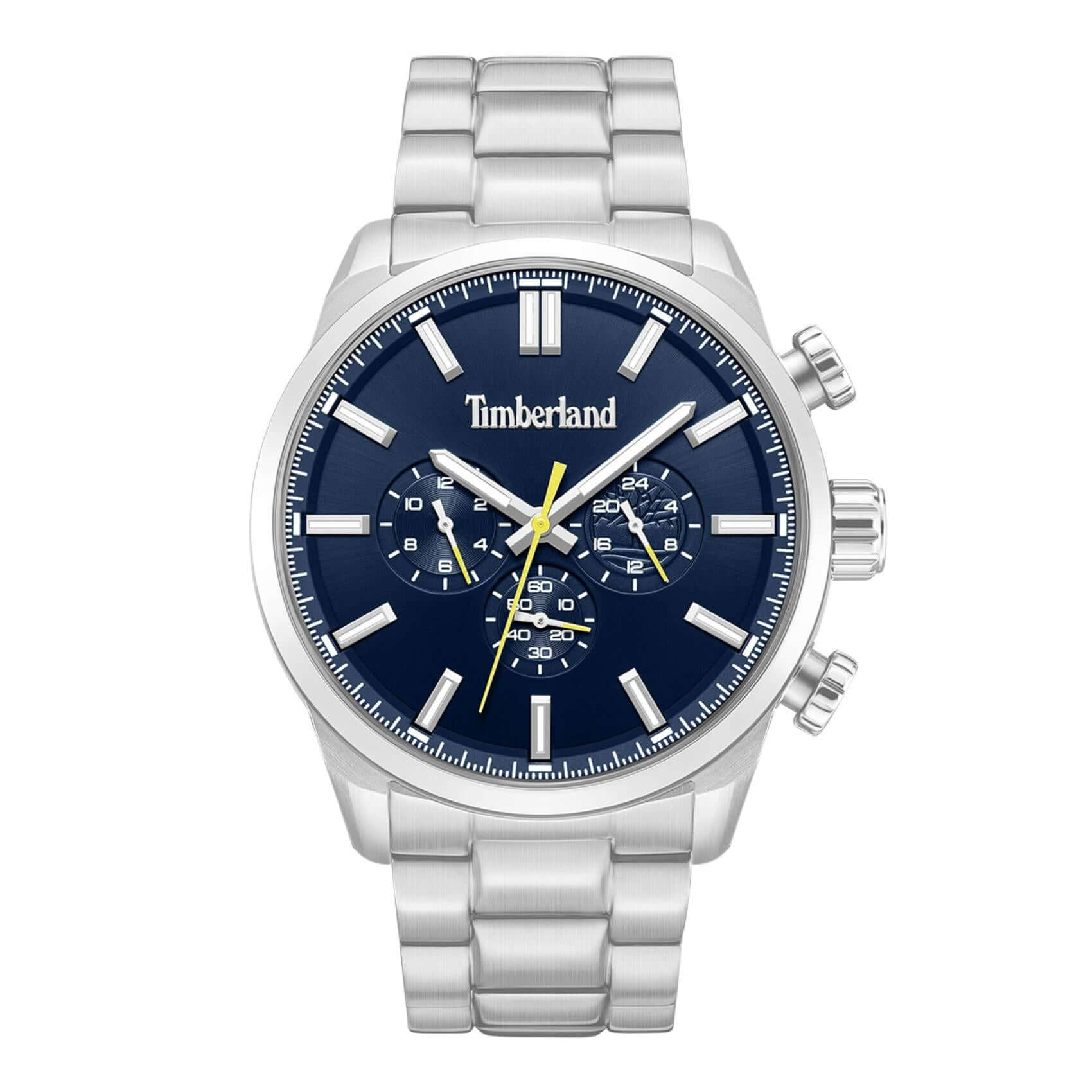 Ανδρικό ρολόι Timberland Henniker II TDWGK0095301 χρονογράφος με ασημί ατσάλινο μπρασελέ, μπλε καντράν 46 mm, quartz μηχανισμό και στεγανότητα 5ATM.