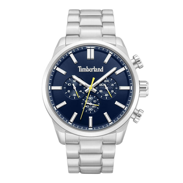 Ανδρικό ρολόι Timberland Henniker II TDWGK0095301 χρονογράφος με ασημί ατσάλινο μπρασελέ, μπλε καντράν 46 mm, quartz μηχανισμό και στεγανότητα 5ATM.