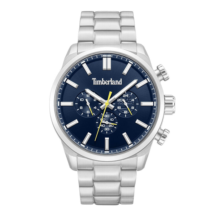 Ανδρικό ρολόι Timberland Henniker II TDWGK0095301 χρονογράφος με ασημί ατσάλινο μπρασελέ, μπλε καντράν 46 mm, quartz μηχανισμό και στεγανότητα 5ATM.
