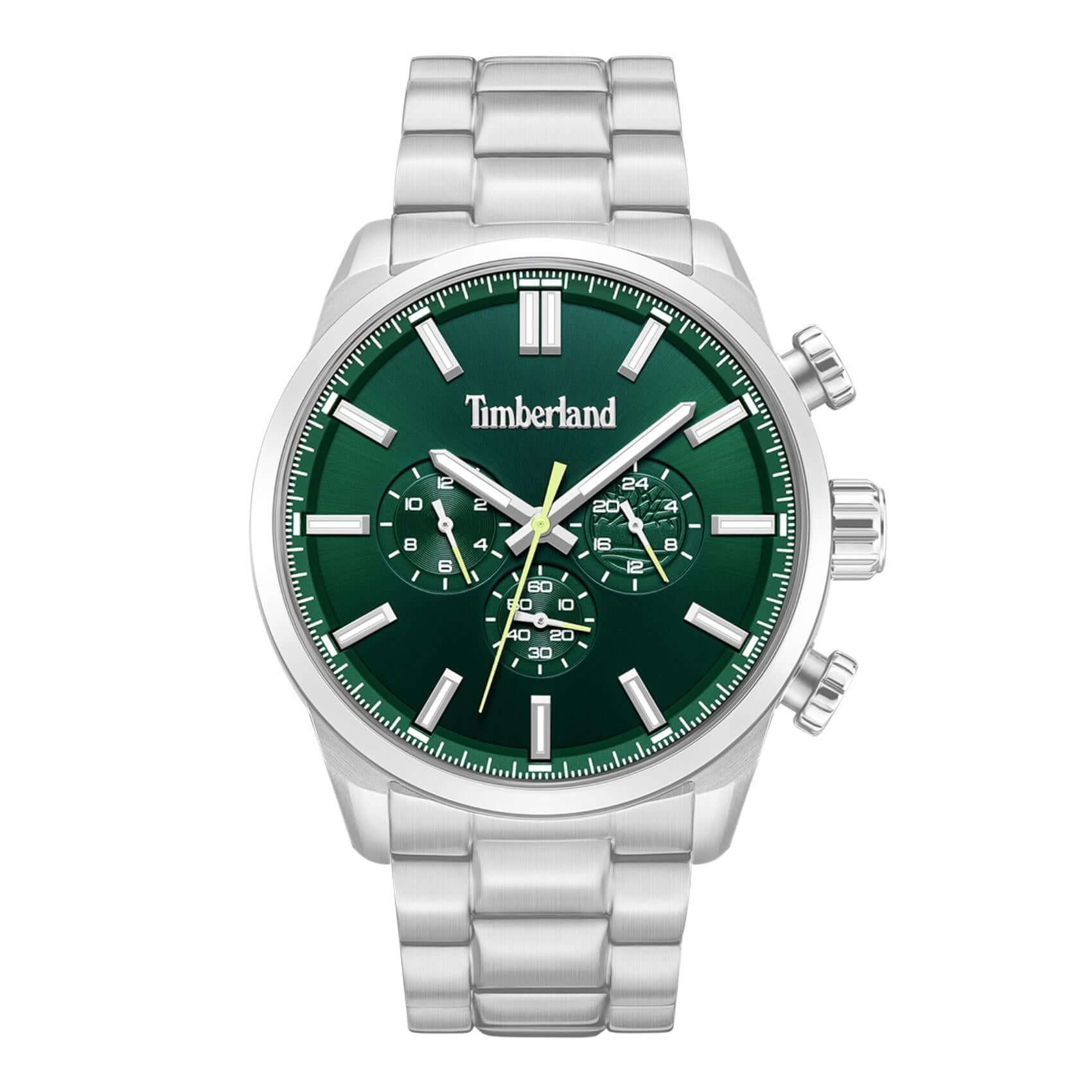 Ανδρικό ρολόι Timberland Henniker II TDWGK0095302 χρονογράφος με ασημί ατσάλινο μπρασελέ, πράσινο καντράν 46 mm, quartz μηχανισμό και στεγανότητα 5ATM.