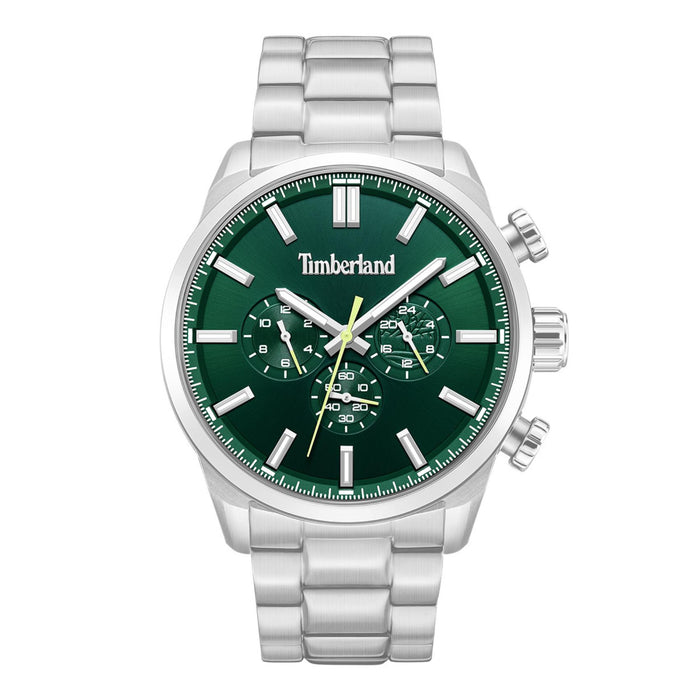 Ανδρικό ρολόι Timberland Henniker II TDWGK0095302 χρονογράφος με ασημί ατσάλινο μπρασελέ, πράσινο καντράν 46 mm, quartz μηχανισμό και στεγανότητα 5ATM.