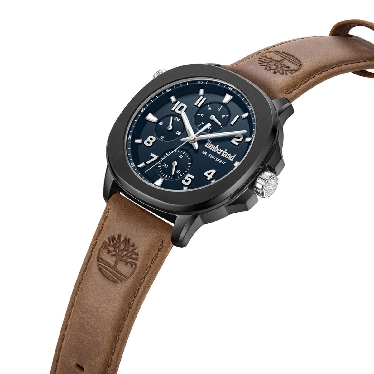 Μπλε καντράν ρολογιού Timberland Hopkinton TDWGF00838X0 διαμέτρου 44mm με μαύρο στεφάνι, ενδείξεις ημέρας και ημερομηνίας και καφέ δερμάτινο λουράκι