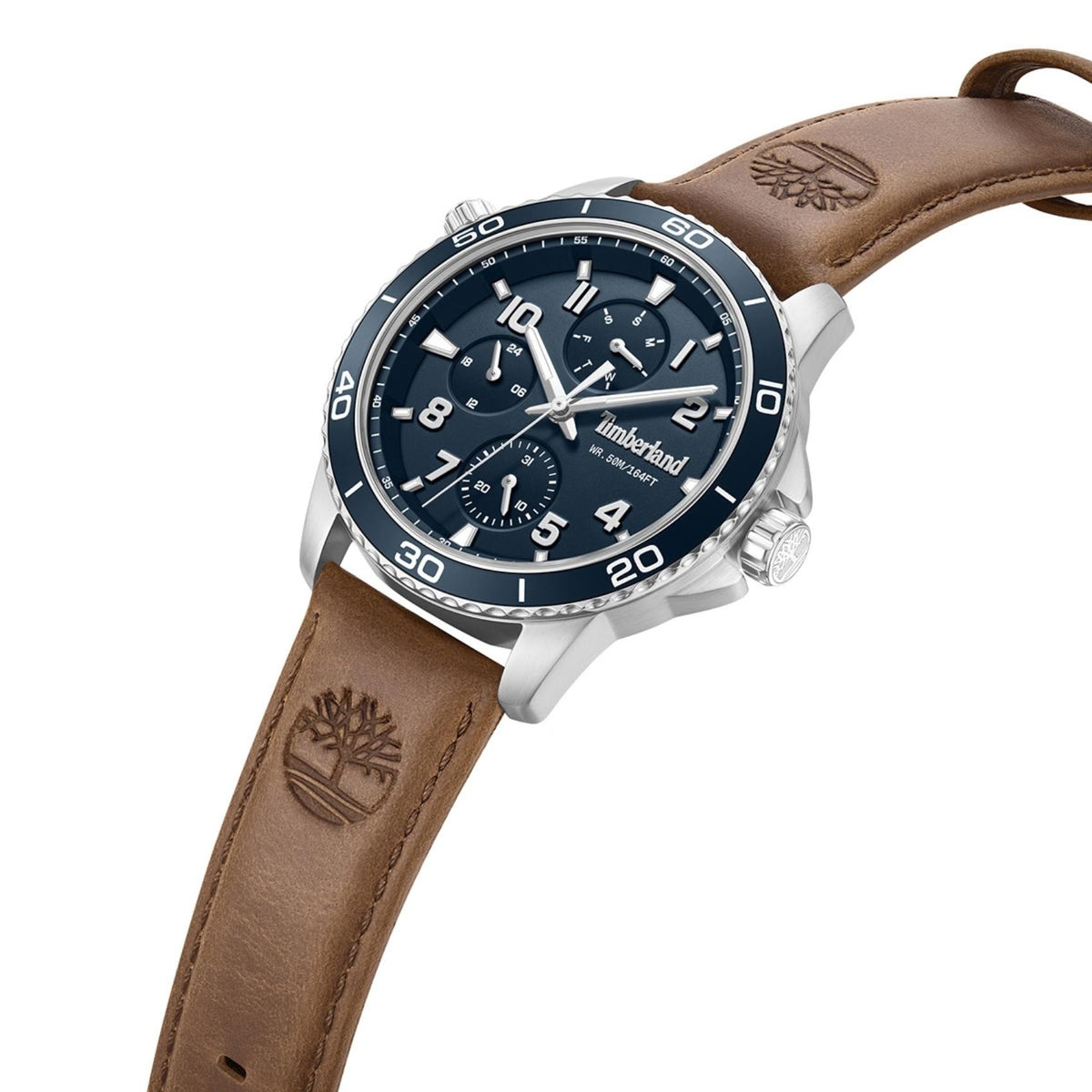 Μπλε καντράν ρολογιού Timberland Hopkinton TDWGF00838X0 διαμέτρου 44mm με μπλε στεφάνι, ενδείξεις ημέρας και ημερομηνίας και καφέ δερμάτινο λουράκι