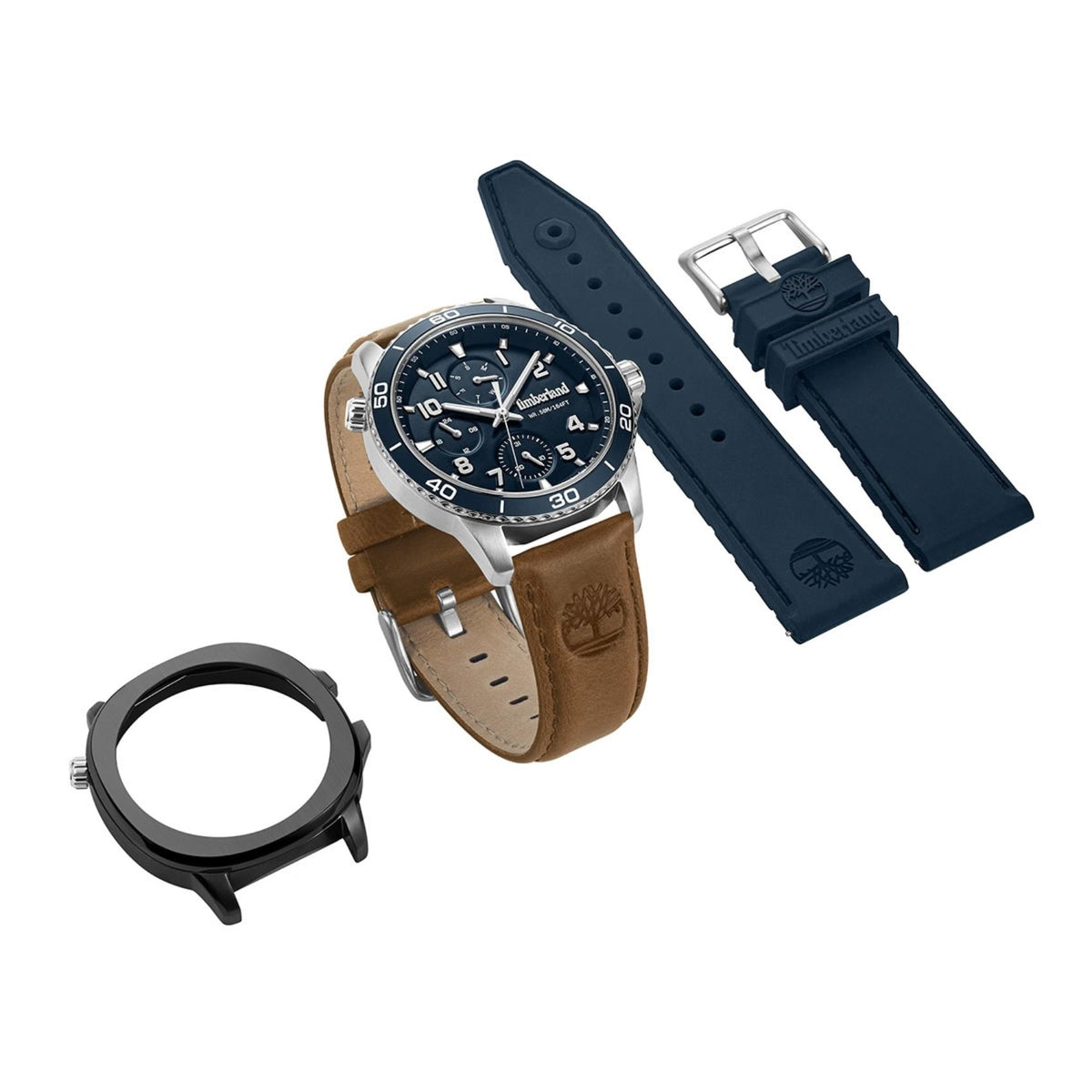 Ανδρικό ρολόι Timberland Hopkinton TDWGF00838X0 με μπλε καντράν, καφέ δερμάτινο λουράκι, δεύτερο μπλε λουράκι σιλικόνης και μαύρη κάσα, πλάι