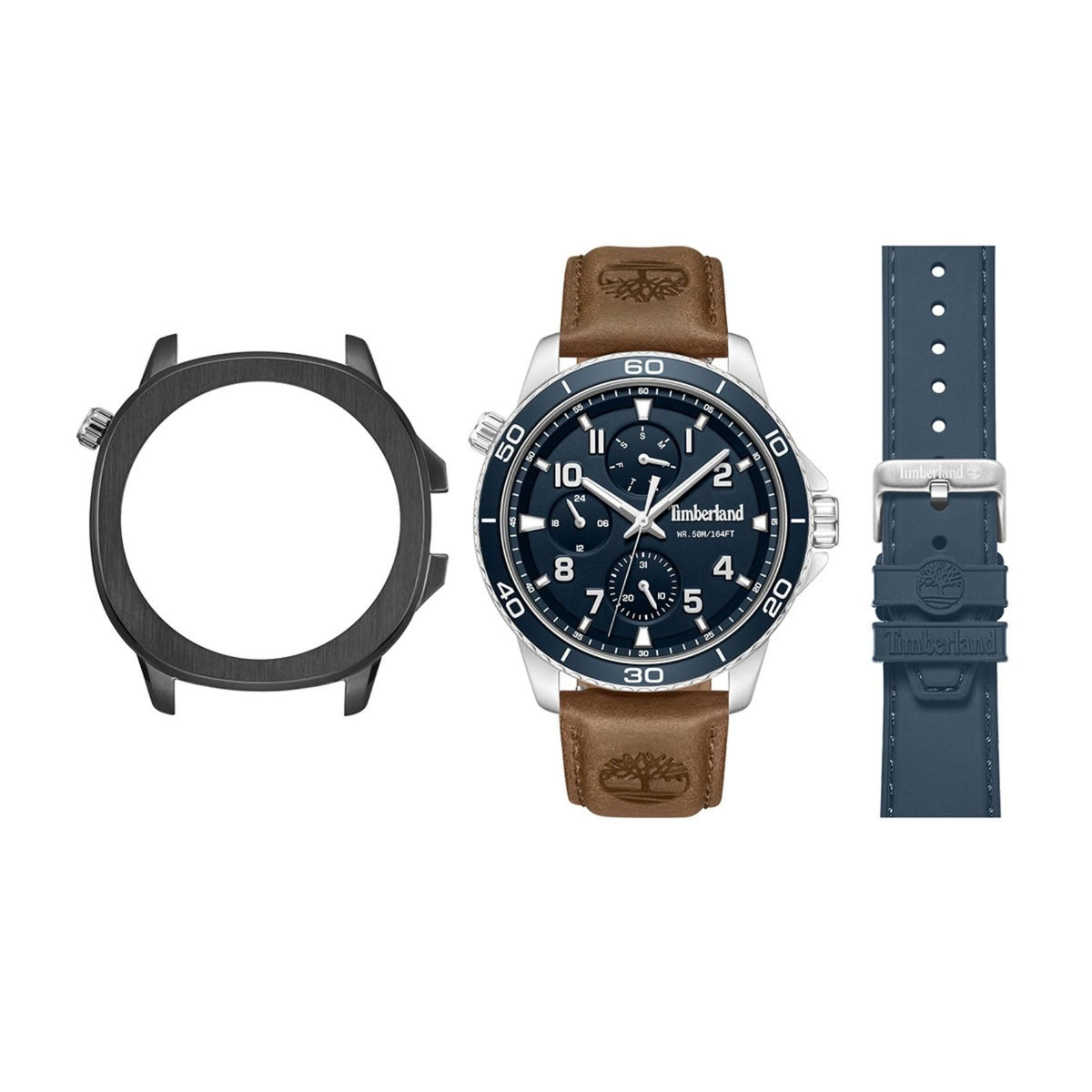 Ανδρικό ρολόι Timberland Hopkinton TDWGF00838X0 με καφέ δερμάτινο λουράκι, μπλε καντράν και δεύτερη μαύρη κάσα με μπλε λουράκι σιλικόνης