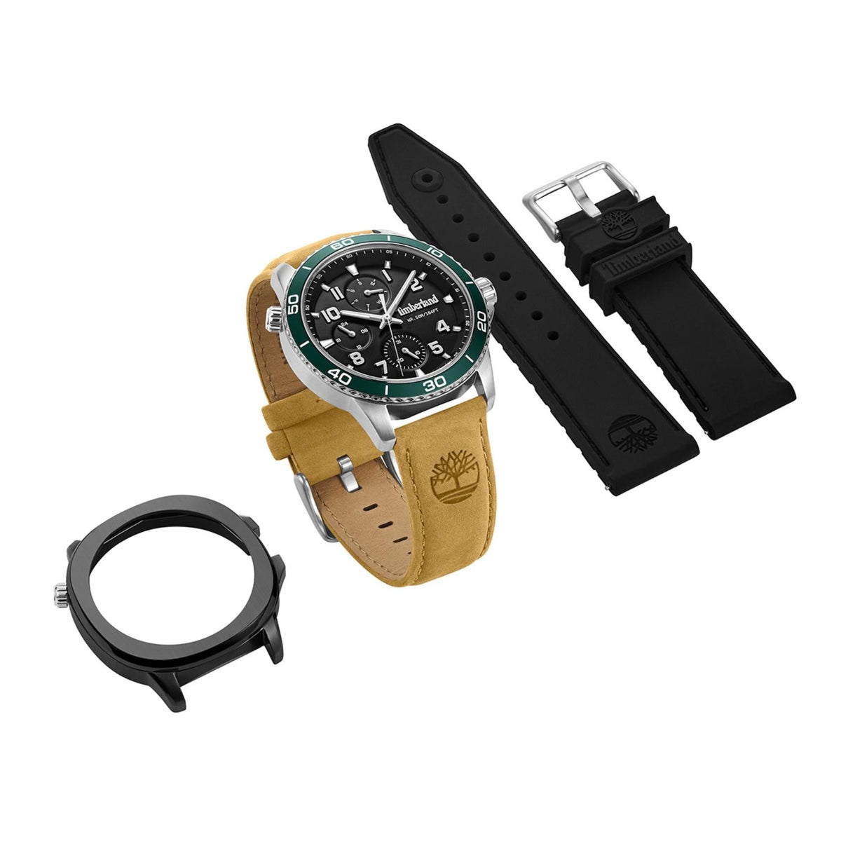 Ανδρικό ρολόι Timberland Hopkinton TDWGF00838X1 με μαύρο καντράν, ταμπά δερμάτινο λουράκι, δεύτερο μαύρο λουράκι σιλικόνης και μαύρη κάσα, πλάι