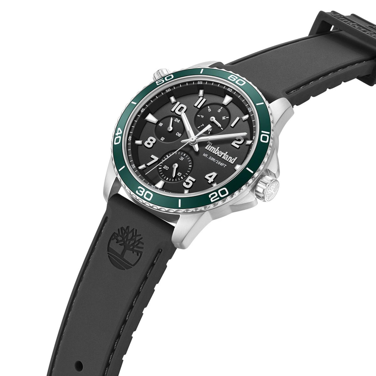 Μαύρο καντράν ρολογιού Timberland Hopkinton TDWGF00838X1 διαμέτρου 44mm με πράσινο στεφάνι και δεύτερο μαύρο λουράκι σιλικόνης