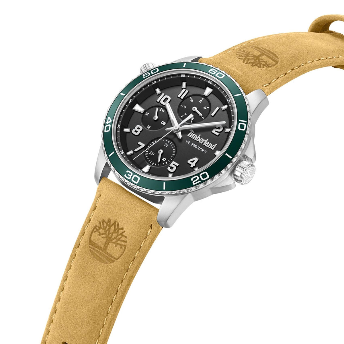 Μαύρο καντράν ρολογιού Timberland Hopkinton TDWGF00838X1 διαμέτρου 44mm με πράσινο στεφάνι, ενδείξεις ημέρας και ημερομηνίας και ταμπά δερμάτινο λουράκι