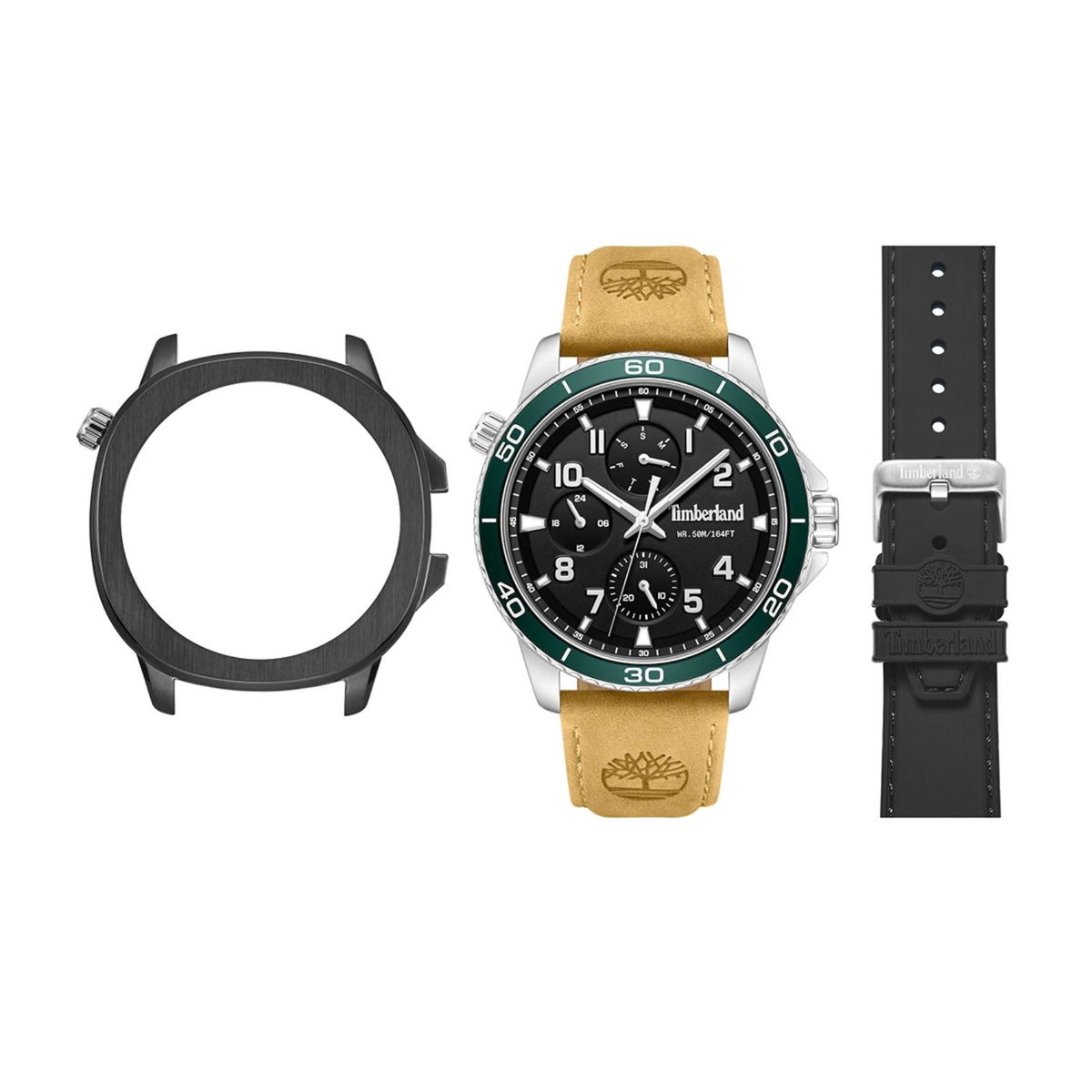 Ανδρικό ρολόι Timberland Hopkinton TDWGF00838X1 με ταμπά δερμάτινο λουράκι, μαύρο καντράν και δεύτερη μαύρη κάσα με μαύρο λουράκι σιλικόνης