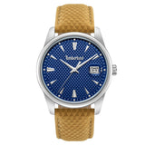 Ανδρικό ρολόι Timberland Jahscepi TDWGB0094601 με ταμπά δερμάτινο λουράκι, μπλε καντράν 42 mm, ένδειξη ημερομηνίας και στεγανότητα 5ATM.