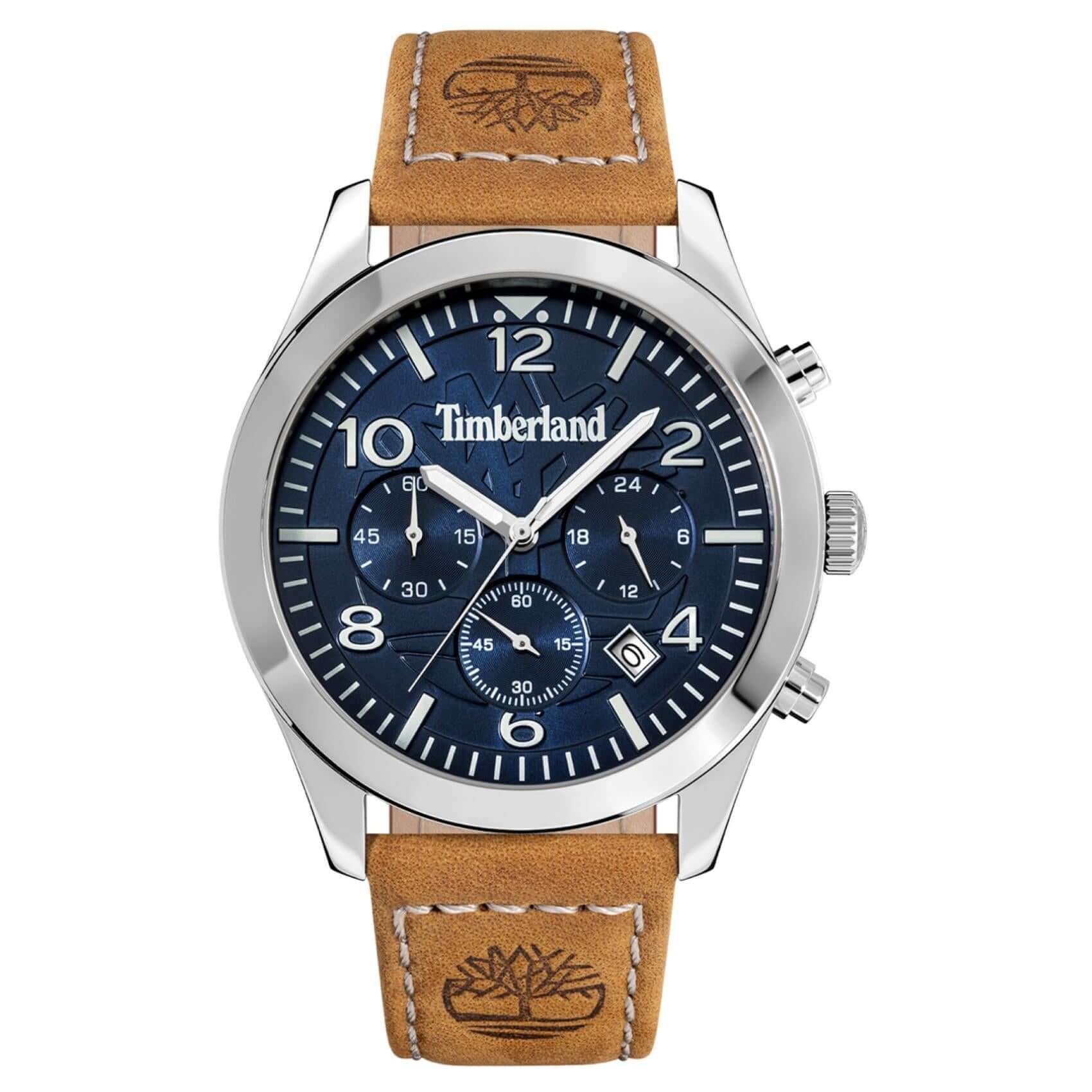 Ανδρικό ρολόι Timberland Killington Peak TDWGC0068801 χρονογράφος με ταμπά δερμάτινο λουράκι, μπλε καντράν 43 mm, ένδειξη ημερομηνίας και στεγανότητα 5ATM.