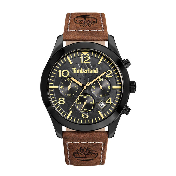 Ανδρικό ρολόι Timberland Killington Peak TDWGC0068802 χρονογράφος με καφέ δερμάτινο λουράκι και μαύρο καντράν 43 mm.