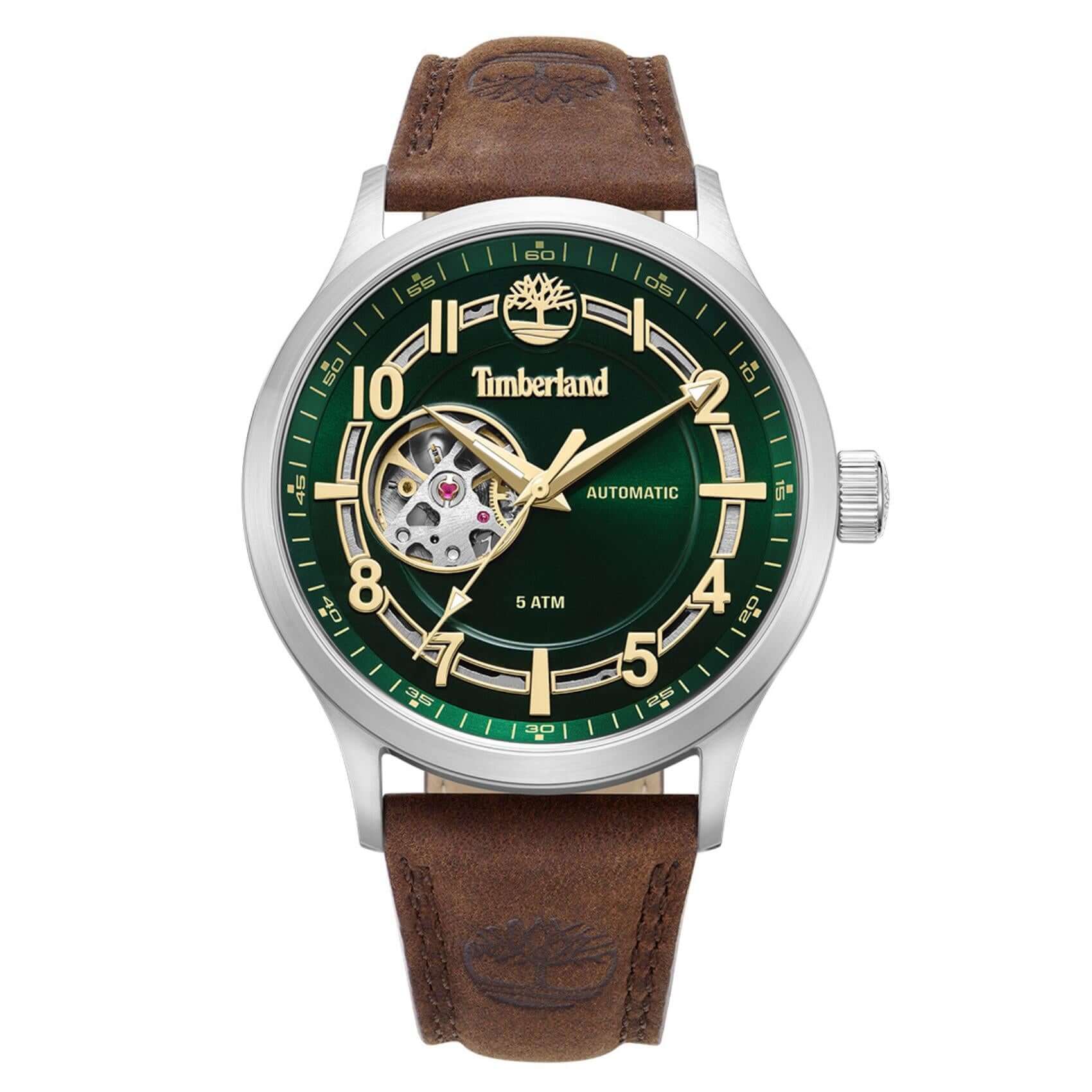 Ανδρικό αυτόματο ρολόι Timberland Langerbuck TDWGE0041902 με καφέ δερμάτινο λουράκι και skeleton καντράν 45 mm.