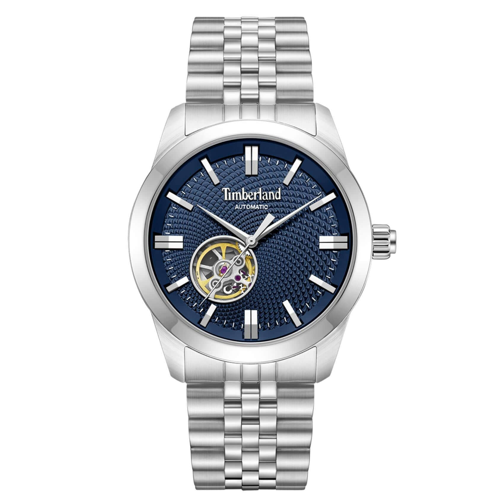 Ανδρικό ρολόι Timberland Lodgepole TDWGY0094001 αυτόματο με ασημί ατσάλινο μπρασελέ, μπλε skeleton καντράν 41 mm και στεγανότητα 5ATM.