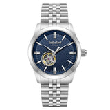 Ανδρικό ρολόι Timberland Lodgepole TDWGY0094001 αυτόματο με ασημί ατσάλινο μπρασελέ, μπλε skeleton καντράν 41 mm και στεγανότητα 5ATM.