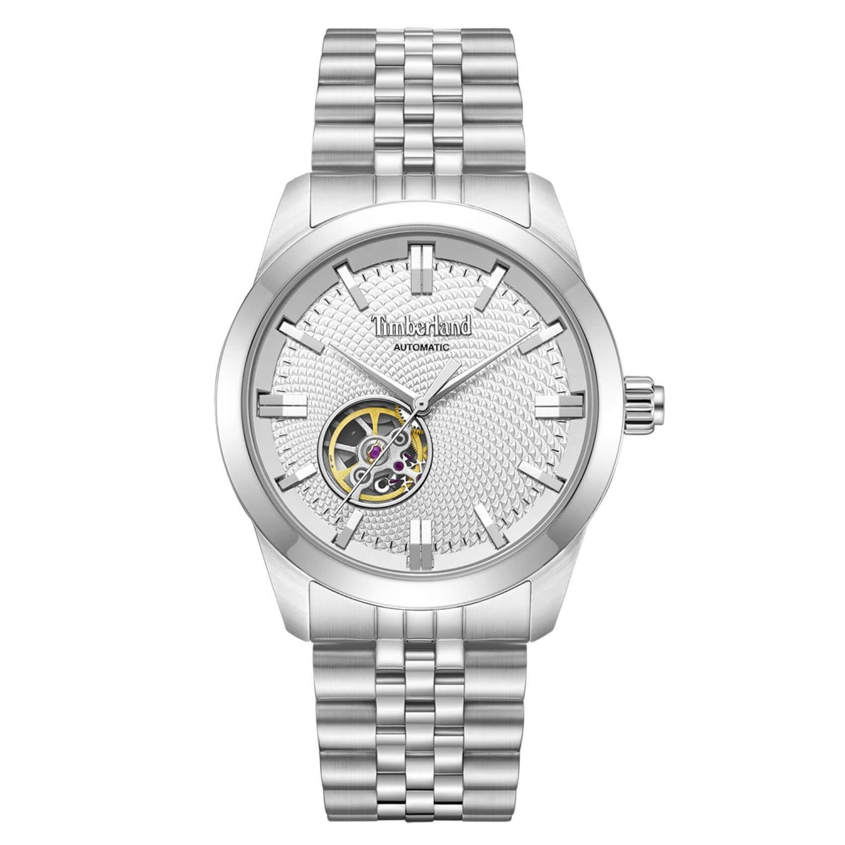Ανδρικό ρολόι Timberland Lodgepole TDWGY0094002 αυτόματο με ασημί ατσάλινο μπρασελέ, ασημί skeleton καντράν 41 mm και στεγανότητα 5ATM.
