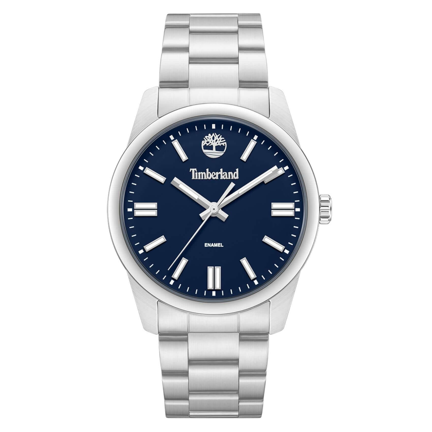 Ανδρικό ρολόι Timberland Midnight Mine TDWGG0094801 με ασημί ατσάλινο μπρασελέ, μπλε καντράν 42 mm, quartz μηχανισμό και στεγανότητα 5ATM. 