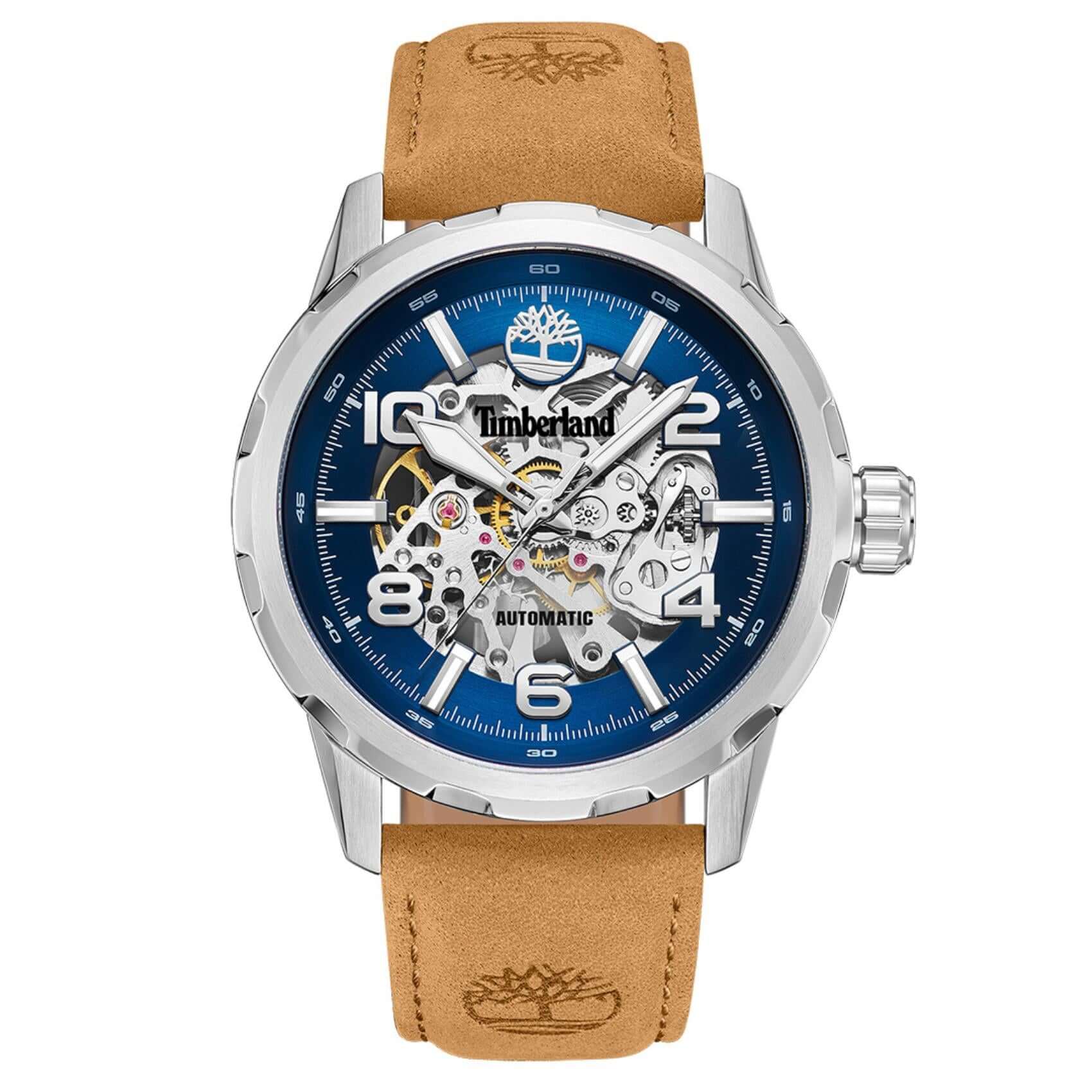 Ανδρικό ρολόι Timberland Montville TDWGE0041801 αυτόματο με ταμπά δερμάτινο λουράκι, μπλε skeleton καντράν 46 mm και στεγανότητα 5ATM. 