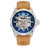 Ανδρικό ρολόι Timberland Montville TDWGE0041801 αυτόματο με ταμπά δερμάτινο λουράκι, μπλε skeleton καντράν 46 mm και στεγανότητα 5ATM. 