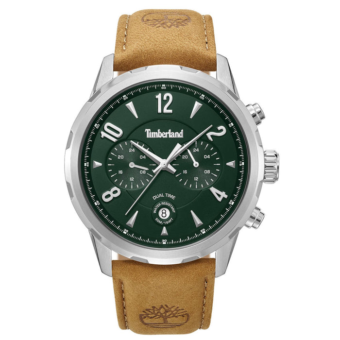 Ανδρικό ρολόι Timberland Newkirk TDWGF0082902 με ταμπά δερμάτινο λουράκι, πράσινο καντράν και κάσα 46 mm.