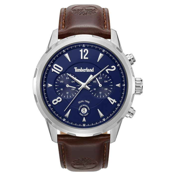 Ανδρικό ρολόι Timberland Newkirk TDWGF0082903 με καφέ δερμάτινο λουράκι, μπλε καντράν και κάσα 46 mm.
