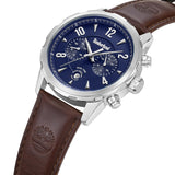 Πλάγια όψη του Timberland Newkirk TDWGF0082903 με καφέ δερμάτινο λουράκι και μπλε καντράν 46 mm.