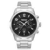 Ανδρικό ρολόι Timberland Newkirk TDWGK0082901 με ασημί ατσάλινο μπρασελέ, μαύρο καντράν και κάσα 46 mm με ένδειξη ημερομηνίας και διπλής ώρας.