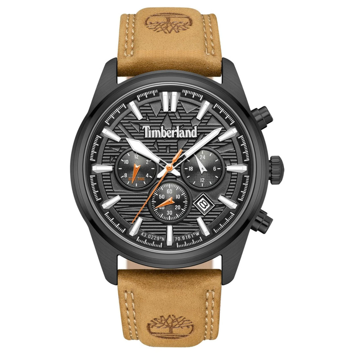 Ανδρικό ρολόι Timberland Northbridge TDWGF0009608 με ταμπά δερμάτινο λουράκι, μαύρο καντράν, χρονογράφος και ημερομηνία