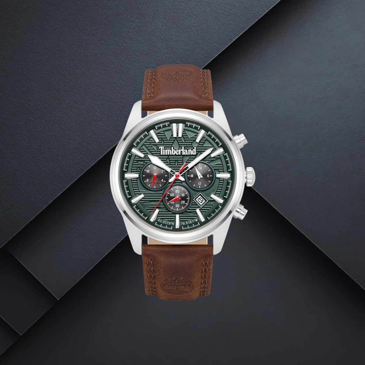 Ανδρικό ρολόι Timberland Northbridge TDWGF0009609 με καφέ δερμάτινο λουράκι, πράσινο καντράν 45mm, χρονογράφος και ημερομηνία