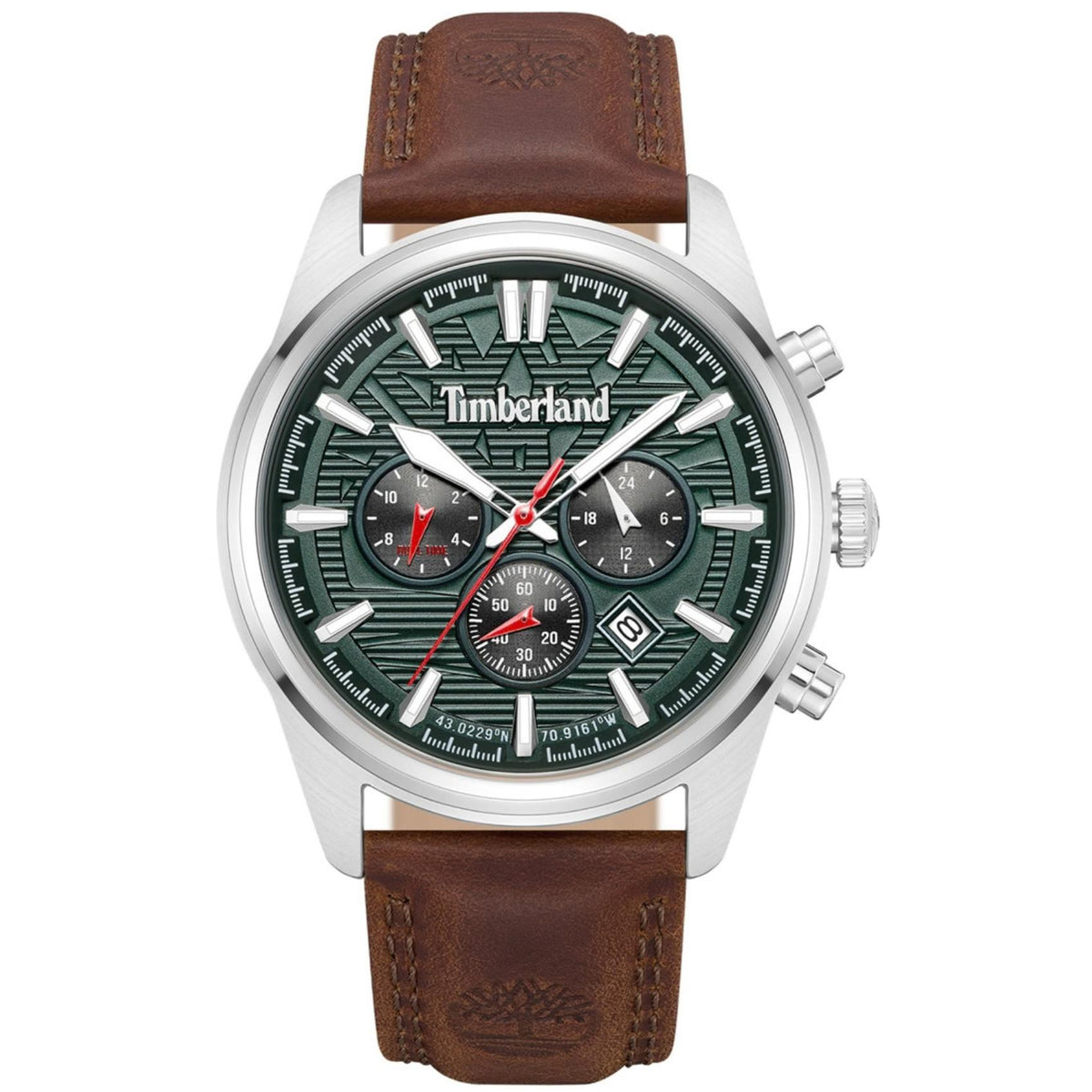 Ανδρικό ρολόι Timberland Northbridge TDWGF0009609 με καφέ δερμάτινο λουράκι, πράσινο καντράν, χρονογράφος και ημερομηνία
