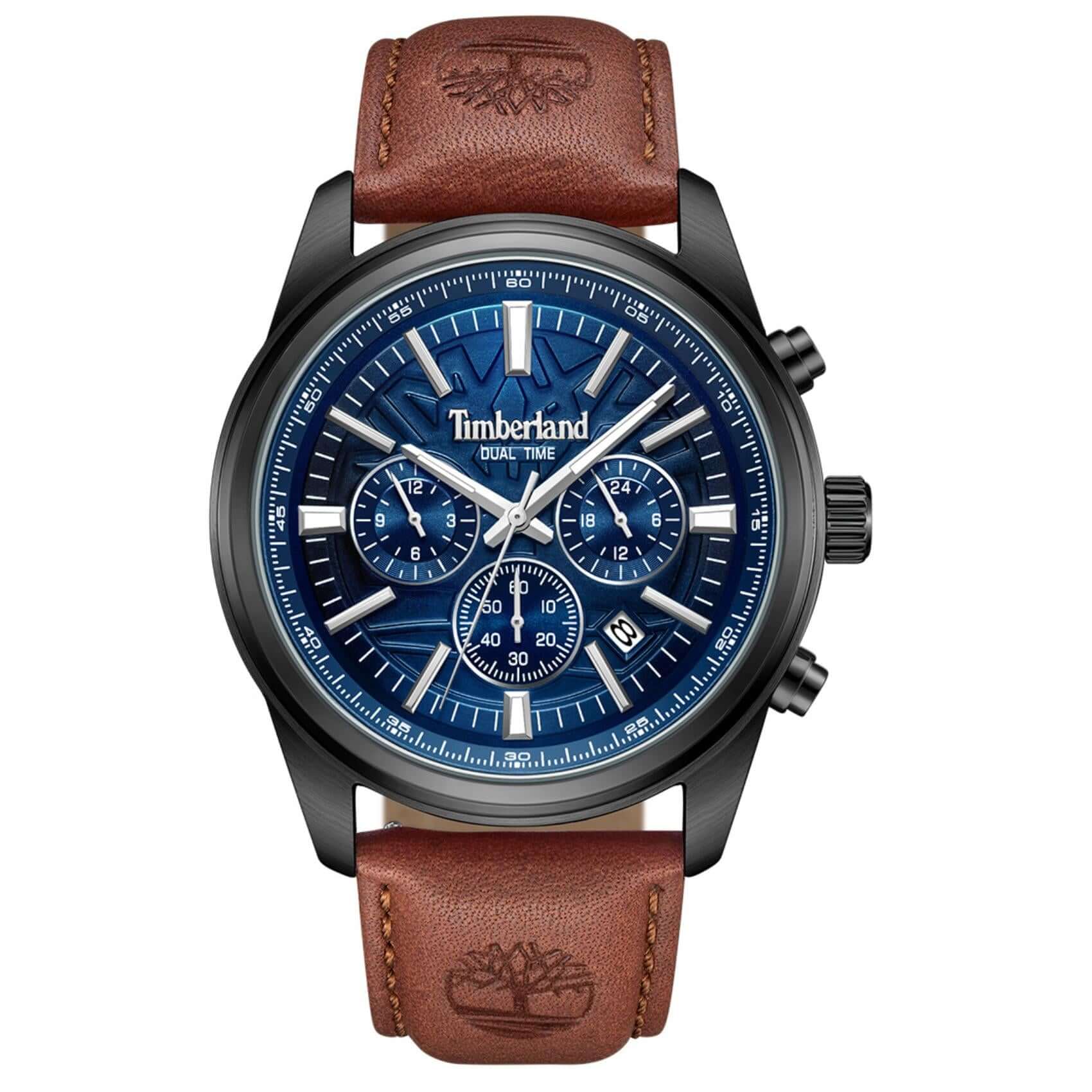 Ανδρικό ρολόι Timberland Northbridge TDWGF0041204 με καφέ δερμάτινο λουράκι, μπλε καντράν 45 mm, ένδειξη ημερομηνίας, διπλής ώρας και στεγανότητα 5ATM.
