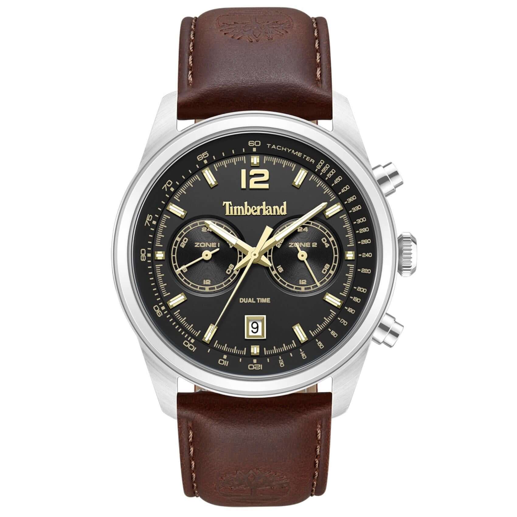 Ανδρικό ρολόι Timberland Northbridge TDWGF0094402 με καφέ δερμάτινο λουράκι, μαύρο καντράν 45 mm, διπλή ώρα, ένδειξη ημερομηνίας και στεγανότητα 5ATM.