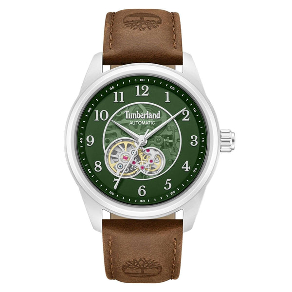 Ανδρικό ρολόι Timberland Northbridge TDWGX0095201 αυτόματο με καφέ δερμάτινο λουράκι, πράσινο skeleton καντράν 43 mm και στεγανότητα 5ATM.