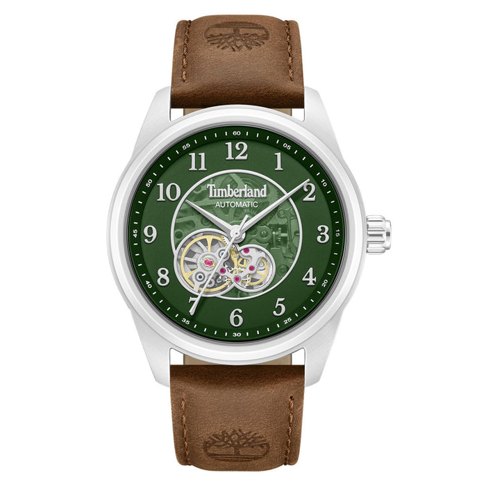 Ανδρικό ρολόι Timberland Northbridge TDWGX0095201 αυτόματο με καφέ δερμάτινο λουράκι, πράσινο skeleton καντράν 43 mm και στεγανότητα 5ATM.