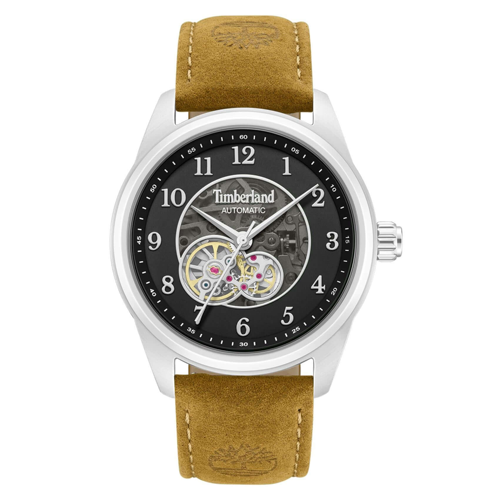 Ανδρικό ρολόι Timberland Northbridge TDWGX0095202 αυτόματο με καφέ δερμάτινο λουράκι, μαύρο skeleton καντράν 43 mm και στεγανότητα 5ATM.