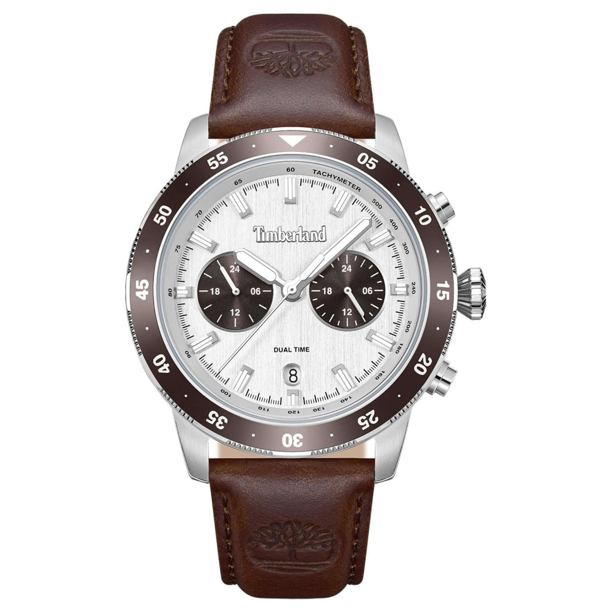 Ανδρικό ρολόι Timberland Parkman TDWGF0094302 με καφέ δερμάτινο λουράκι, γκρι καντράν 44 mm, ένδειξη ημερομηνίας, διπλής ώρας και στεγανότητα 5ATM.