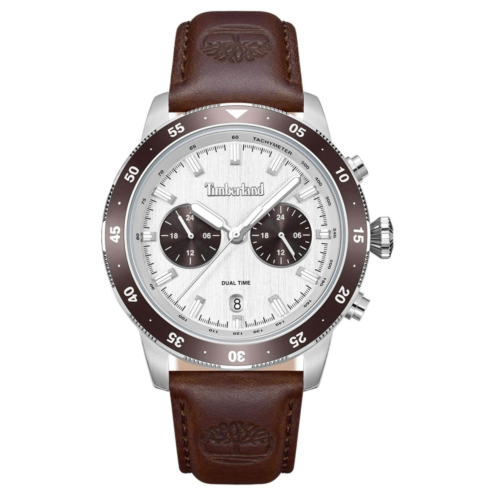 Ανδρικό ρολόι Timberland Parkman TDWGF0094302 με καφέ δερμάτινο λουράκι, γκρι καντράν 44 mm, ένδειξη ημερομηνίας, διπλής ώρας και στεγανότητα 5ATM.