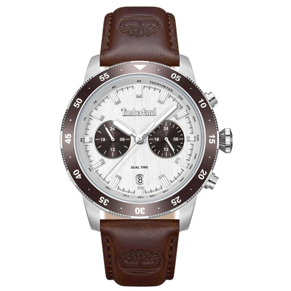 Ανδρικό ρολόι Timberland Parkman TDWGF0094302 με καφέ δερμάτινο λουράκι, γκρι καντράν 44 mm, ένδειξη ημερομηνίας, διπλής ώρας και στεγανότητα 5ATM.